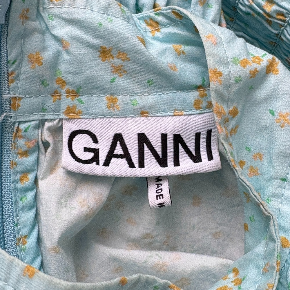 Ganni Smocked Floral Top Shirt Size 38 (US 6) Light Blue Long Sleeve Cotton Flaw - Picture 12 of 14